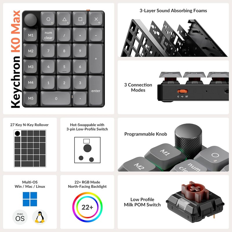 Keychron K0 Max Wireless Low-Profile Number Pad, QMK/VIA Programmable, Hot-Swappable Brown Switch, RGB Backlit, 2.4GHz & Bluetooth 5.3, 1000Hz Polling Rate, with Knob, for Windows/Mac - Image 3
